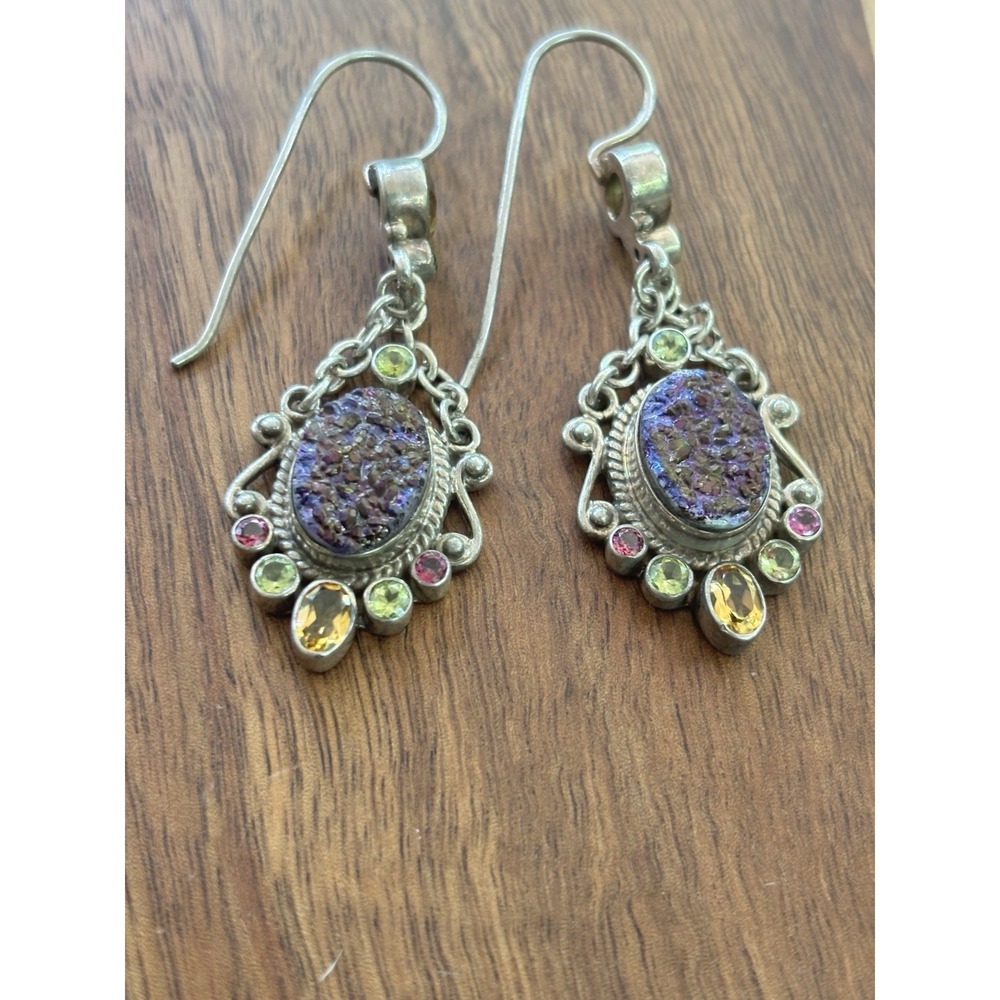 VINTAGE STERLING SILVER NICKY BUTLER DRUZY PERIDOT TOPAZ DANGLE EARRINGS 2 INCH